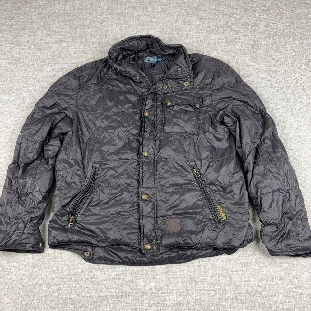 Vintage 90s Polo Ralph Lauren Black Down Aviator Field Jacket Suede Collar